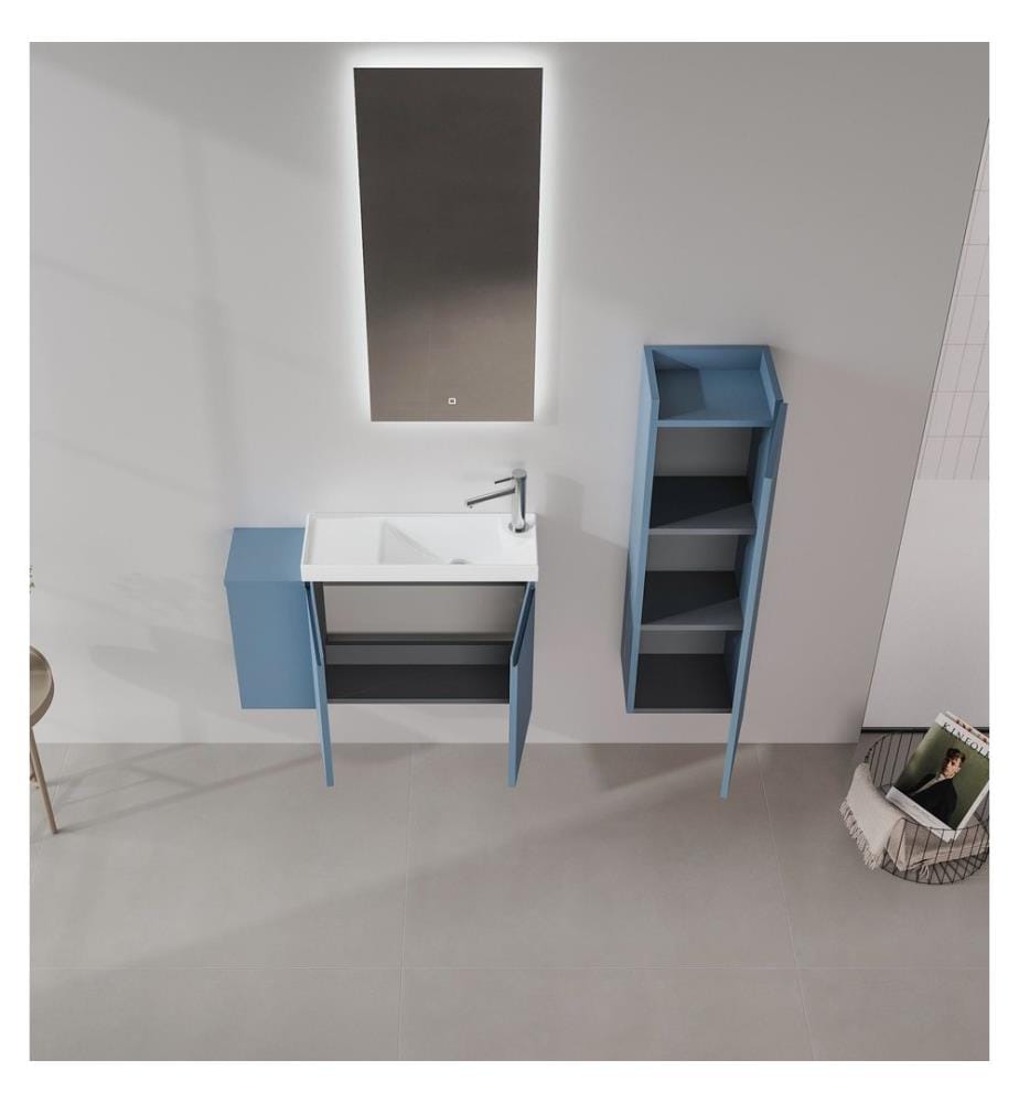 Badezimmerschrank mit Waschbecken und Spiegel 2-teilig Mattblau 100 % mattes PET-MDF