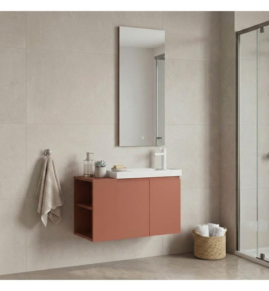 Ensemble meuble de salle de bain avec lavabo et miroir 2 pièces couleur cannelle mate 100 % MDF PET mat