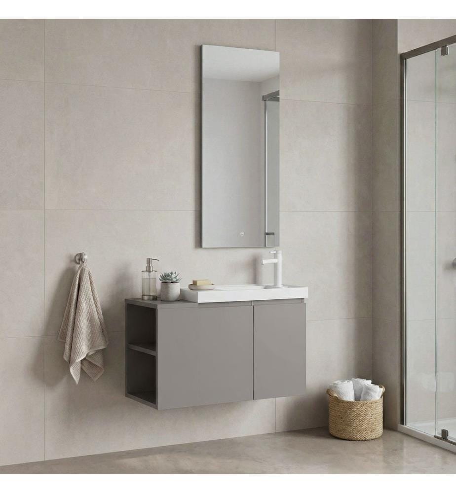 Ensemble meuble de salle de bain avec lavabo et miroir 2 pièces vison mat 100 % MDF PET mat