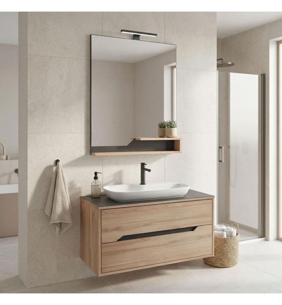 Badezimmerschrank mit Waschbecken und Spiegel 2-teilig Eiche 100 % melaminbeschichtete Spanplatte
