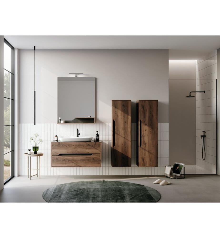 Ensemble meuble de salle de bain avec lavabo et miroir 2 pièces noyer panneau de particules 100 % recouvert de mélamine
