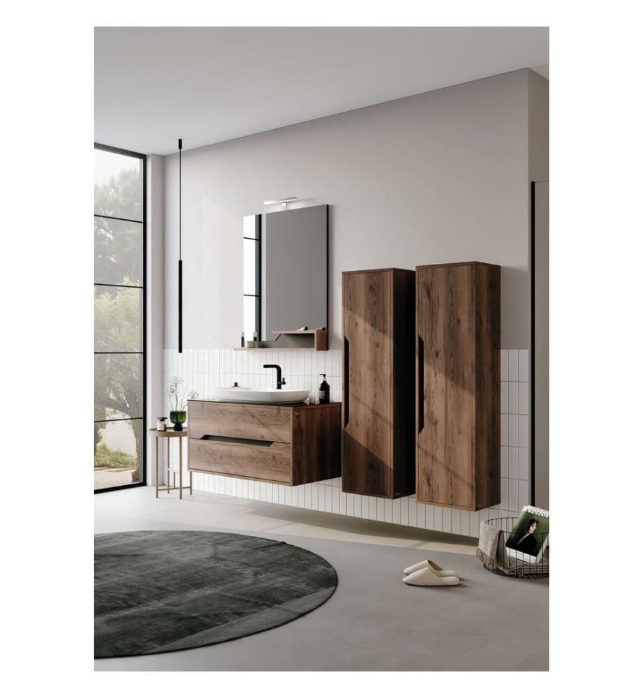 Ensemble meuble de salle de bain avec lavabo et miroir 2 pièces noyer panneau de particules 100 % recouvert de mélamine