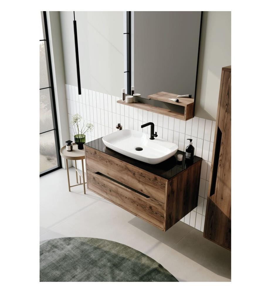Ensemble meuble de salle de bain avec lavabo et miroir 2 pièces noyer panneau de particules 100 % recouvert de mélamine