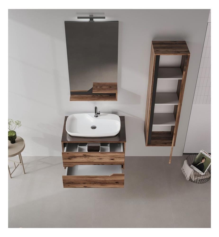 Badezimmerschrank mit Waschbecken und Spiegel 2-teilig Walnuss 100 % melaminbeschichtete Spanplatte