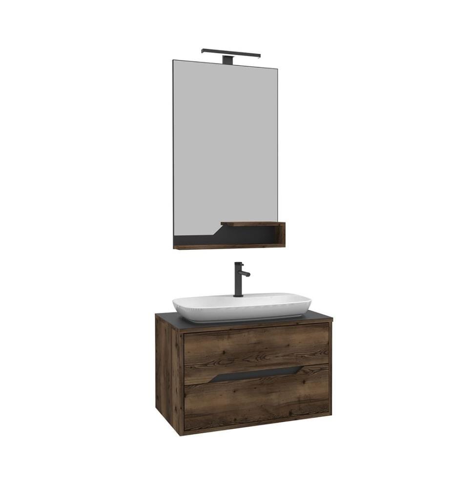 Badezimmerschrank mit Waschbecken und Spiegel 2-teilig Walnuss 100 % melaminbeschichtete Spanplatte