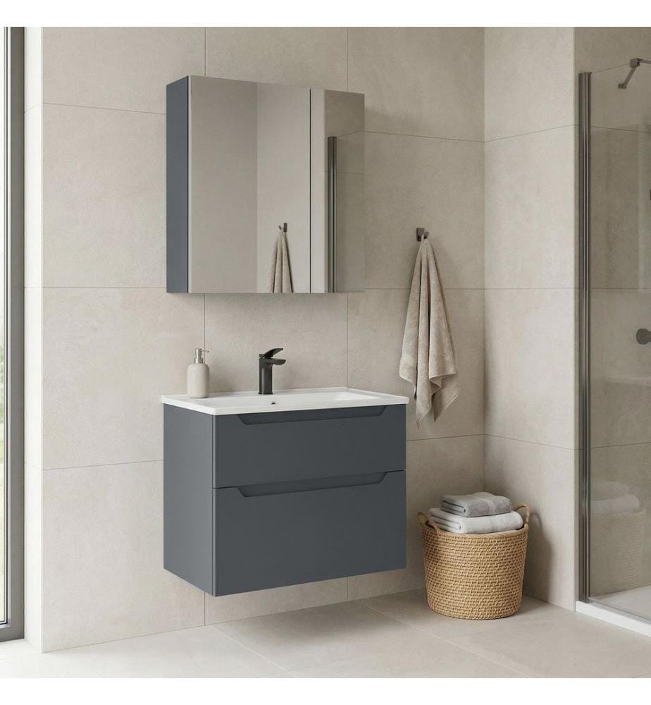 Ensemble meuble de salle de bain avec lavabo et miroir 2 pièces anthracite mat MDF 100 % thermomoulé