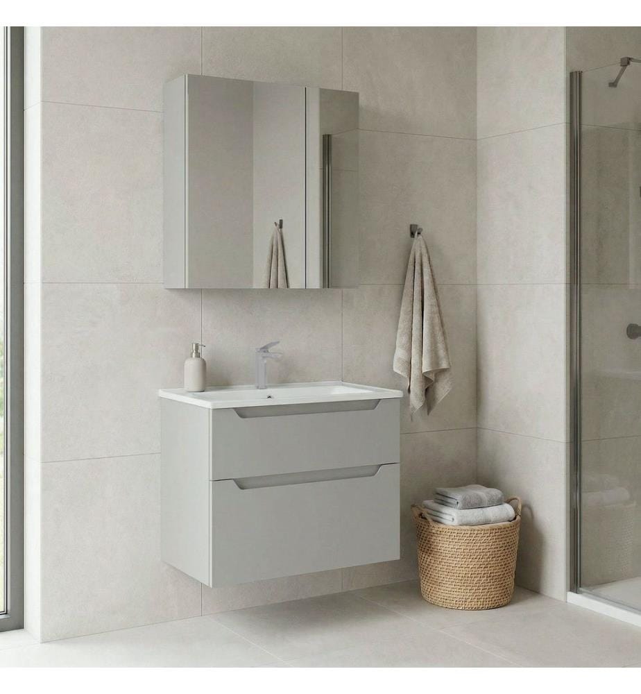 Ensemble meuble de salle de bain avec lavabo et miroir 2 pièces coloris cachemire mat 100 % MDF thermomoulé