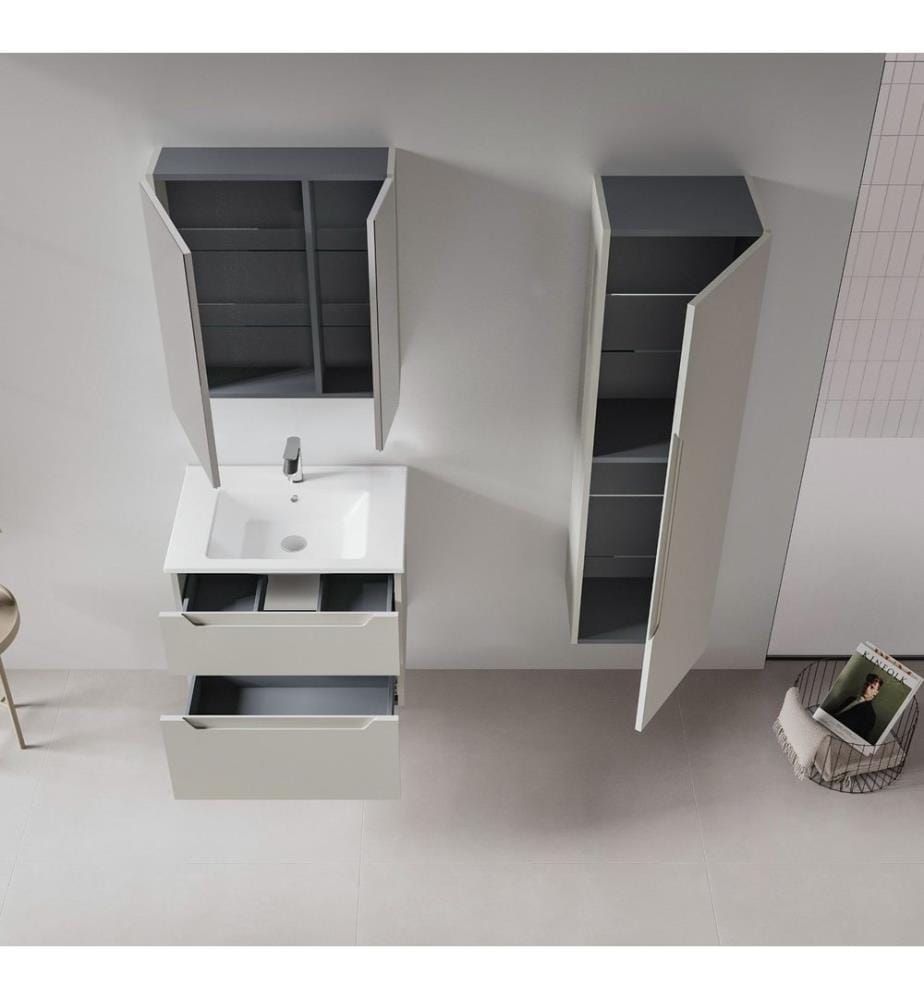 Ensemble meuble de salle de bain avec lavabo et miroir 2 pièces coloris cachemire mat 100 % MDF thermomoulé