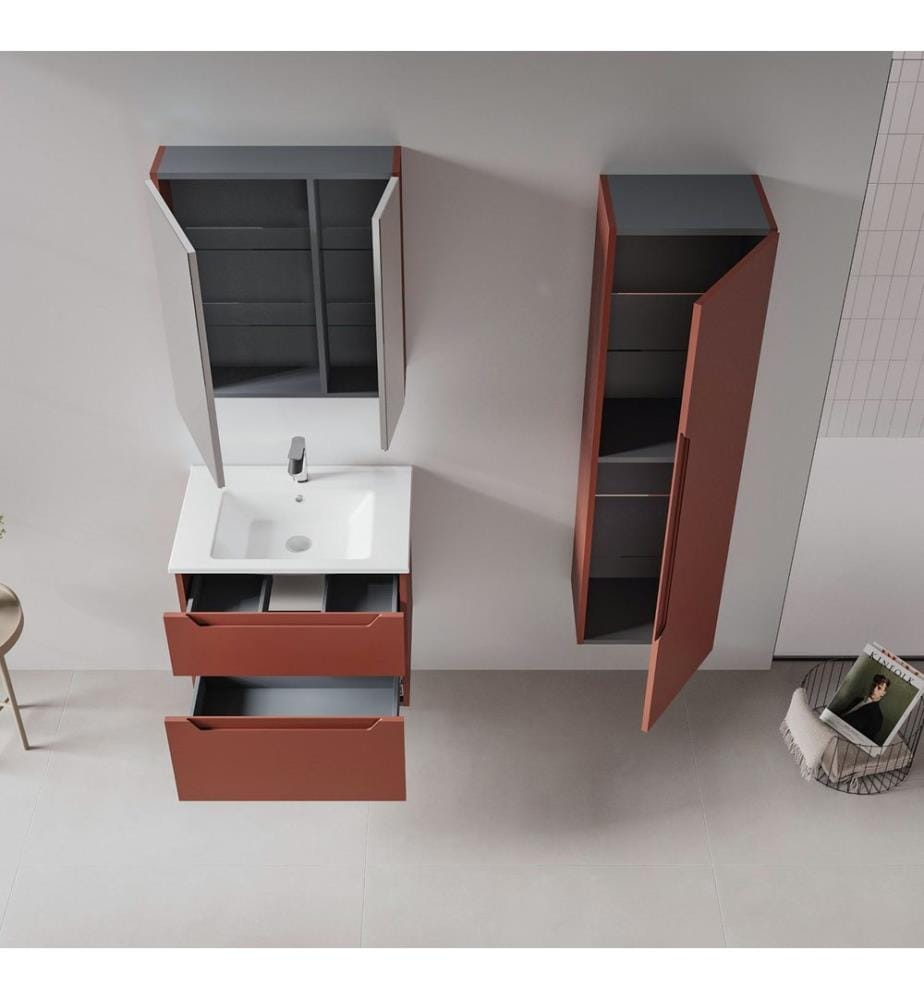 Ensemble meuble de salle de bain avec lavabo et miroir 2 pièces rouge mat 100 % MDF revêtu de thermomoulage