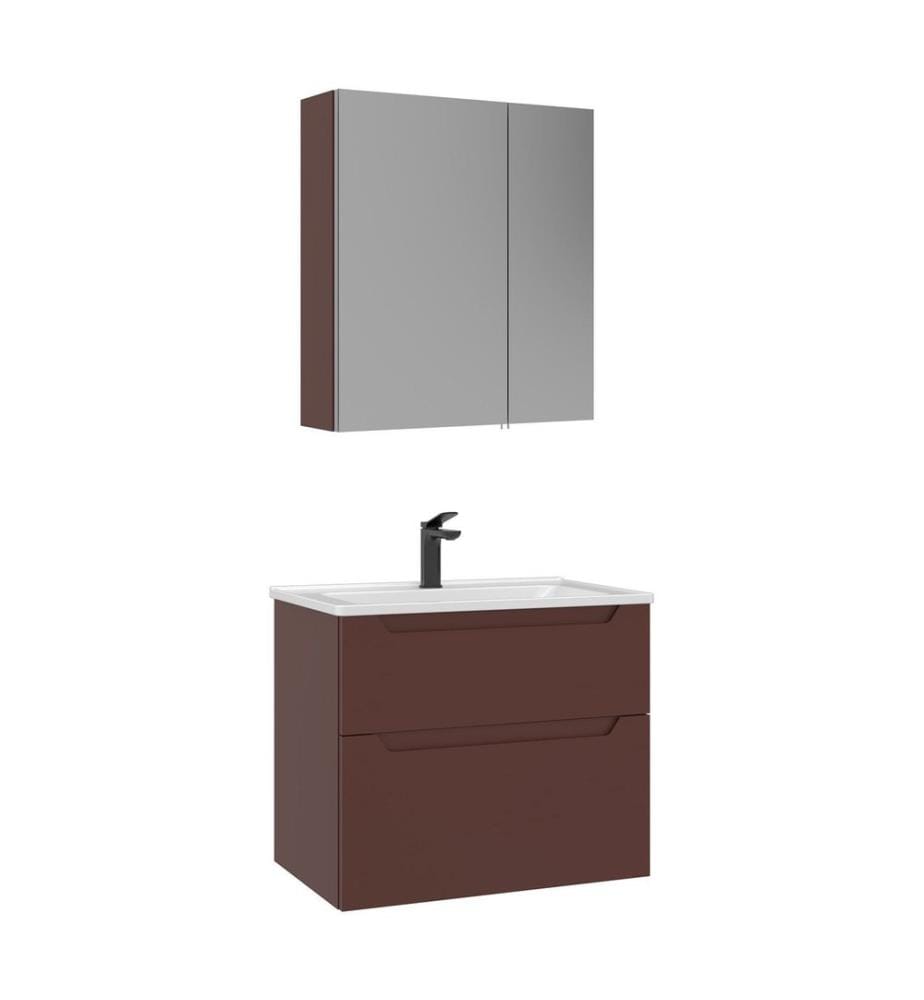 Ensemble meuble de salle de bain avec lavabo et miroir 2 pièces rouge mat 100 % MDF revêtu de thermomoulage