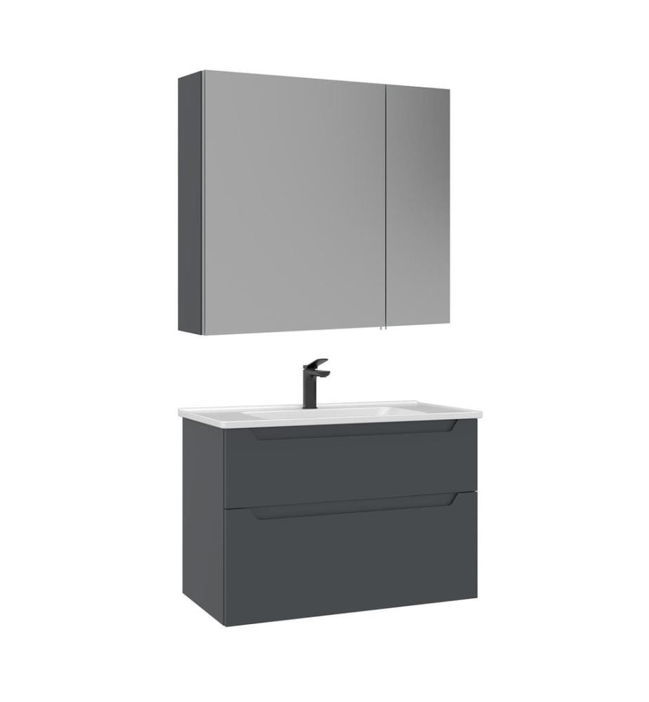 Ensemble meuble de salle de bain avec lavabo et miroir 2 pièces anthracite mat MDF 100 % thermomoulé