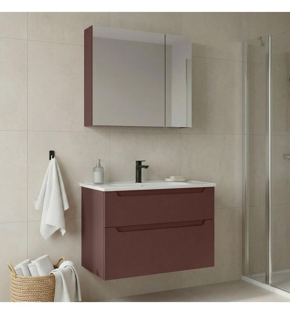 Ensemble meuble de salle de bain avec lavabo et miroir 2 pièces rouge mat 100 % MDF revêtu de thermomoulage