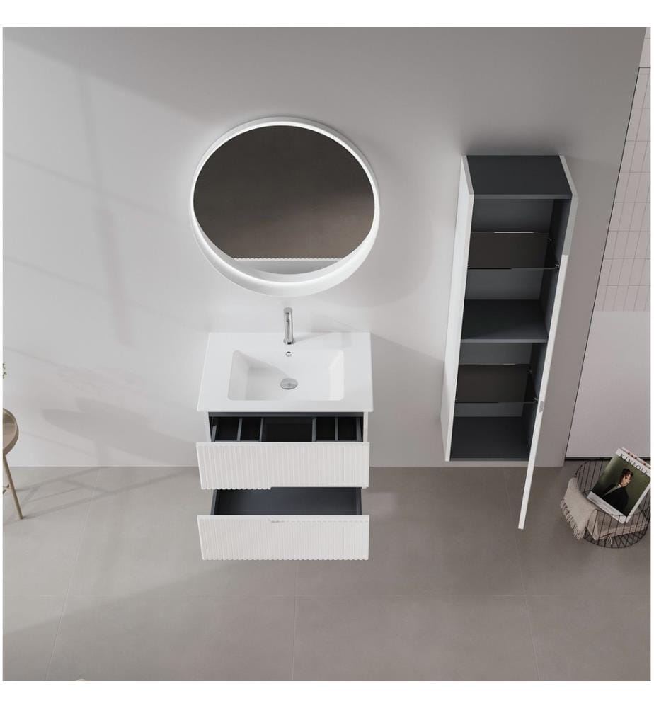 Ensemble meuble de salle de bain avec lavabo et miroir 2 pièces blanc mat 100 % MDF laqué mat