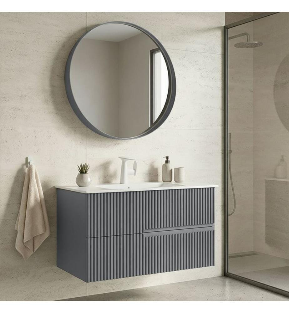 Ensemble meuble de salle de bain avec lavabo et miroir 2 pièces gris mat 100 % MDF laqué mat