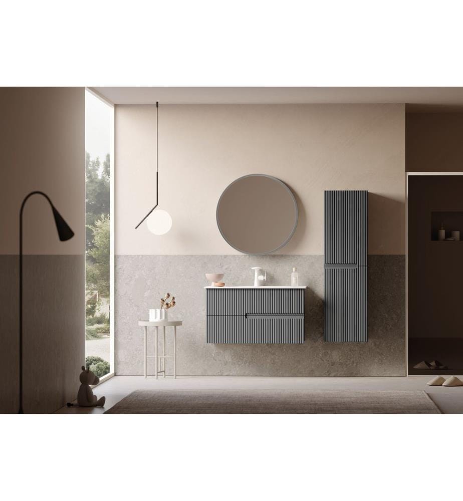 Ensemble meuble de salle de bain avec lavabo et miroir 2 pièces gris mat 100 % MDF laqué mat