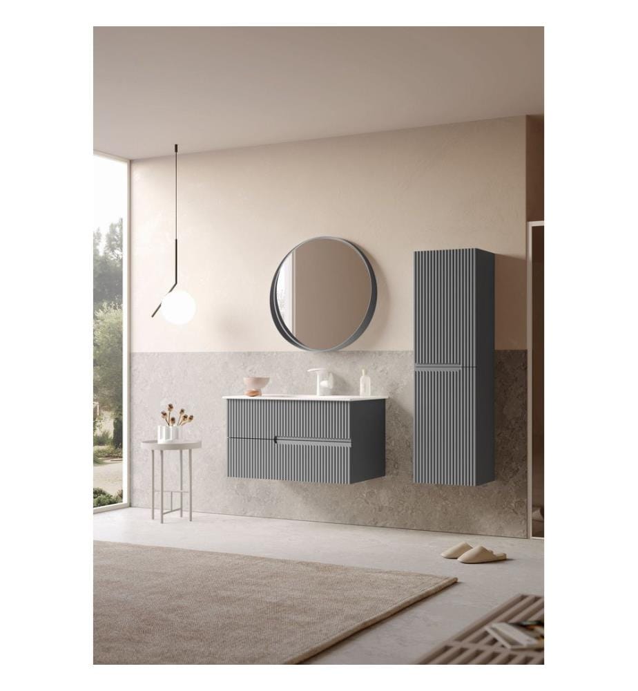 Ensemble meuble de salle de bain avec lavabo et miroir 2 pièces gris mat 100 % MDF laqué mat