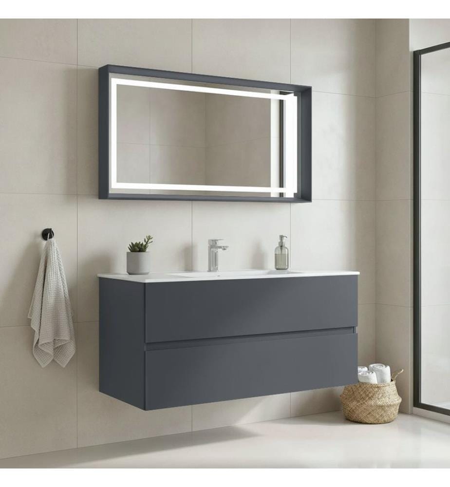 Ensemble meuble de salle de bain avec lavabo et miroir 2 pièces anthracite mat 100 % MDF laqué mat