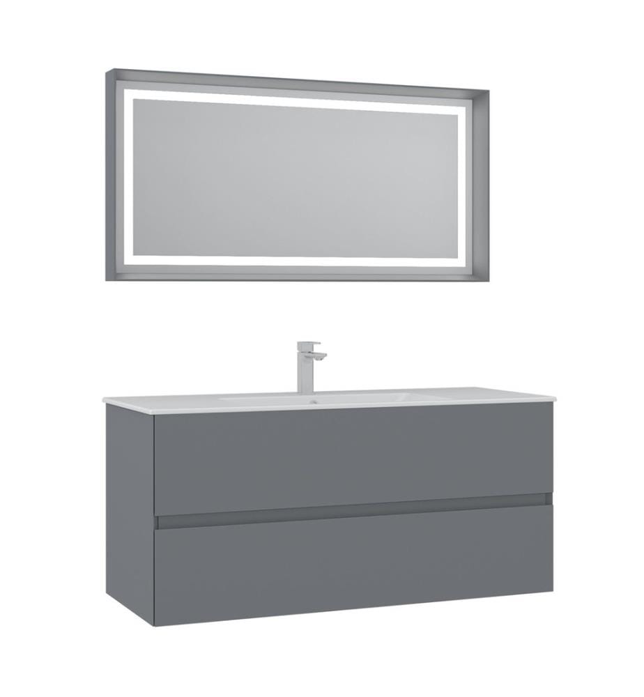 Ensemble meuble de salle de bain avec lavabo et miroir 2 pièces gris mat 100 % MDF laqué mat