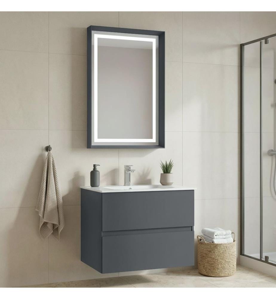 Ensemble meuble de salle de bain avec lavabo et miroir 2 pièces anthracite mat 100 % MDF laqué mat