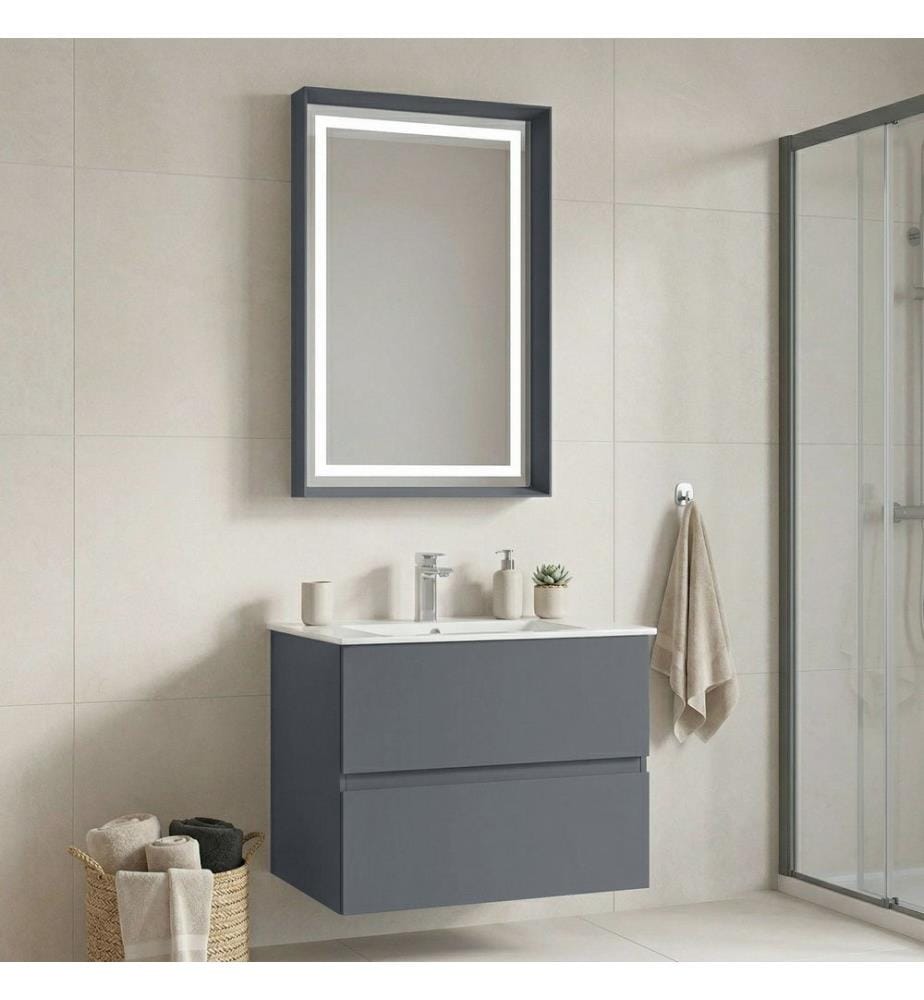 Ensemble meuble de salle de bain avec lavabo et miroir 2 pièces gris mat 100 % MDF laqué mat