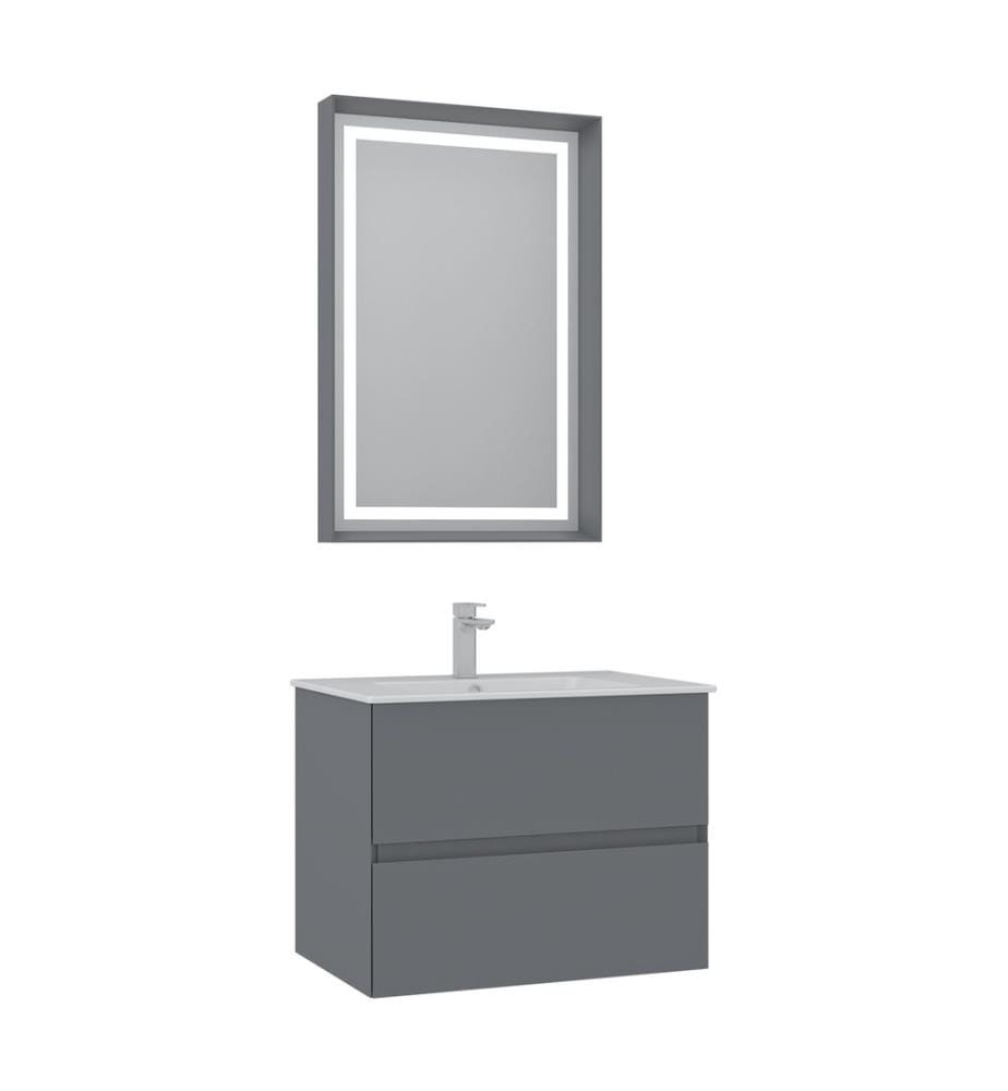 Ensemble meuble de salle de bain avec lavabo et miroir 2 pièces gris mat 100 % MDF laqué mat