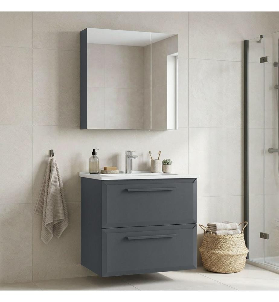 Ensemble meuble de salle de bain avec lavabo et miroir 2 pièces anthracite MDF laqué brillant.