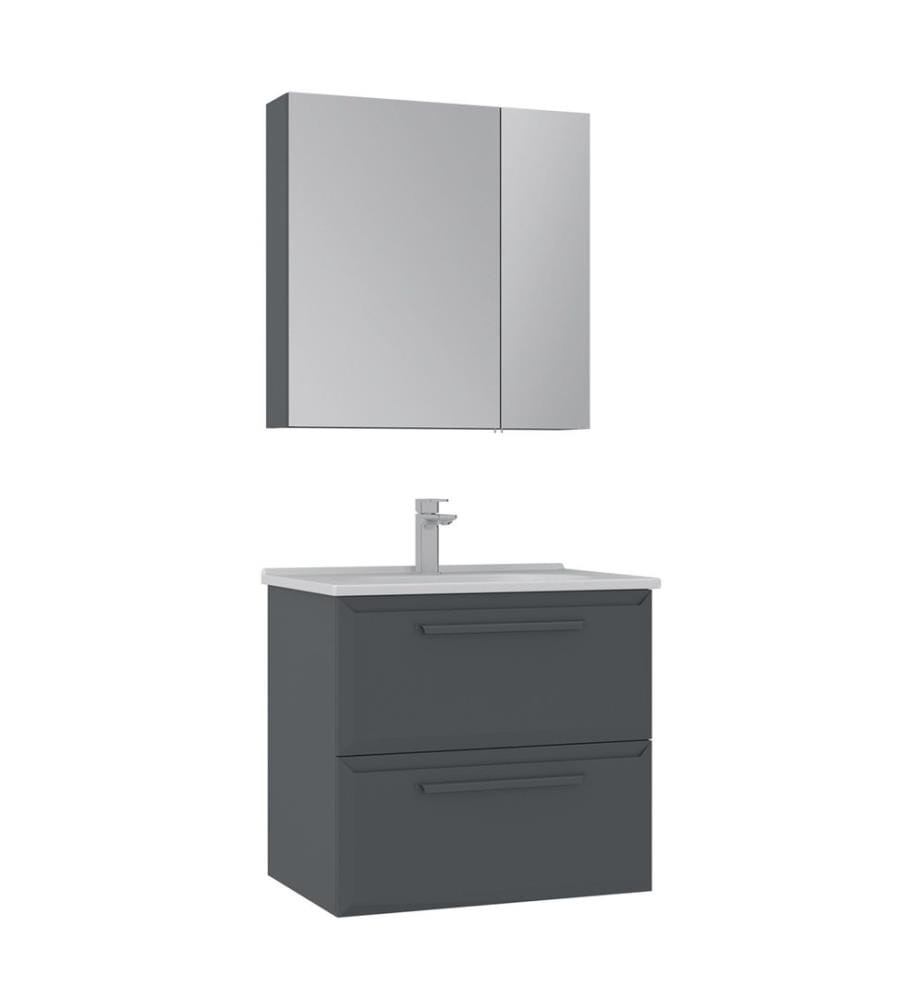 Ensemble meuble de salle de bain avec lavabo et miroir 2 pièces anthracite MDF laqué brillant.