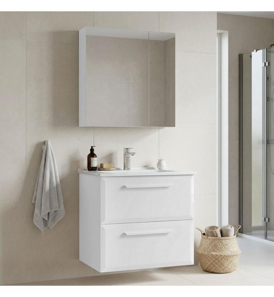 Ensemble meuble de salle de bain avec lavabo et miroir 2 pièces blanc MDF laqué brillant