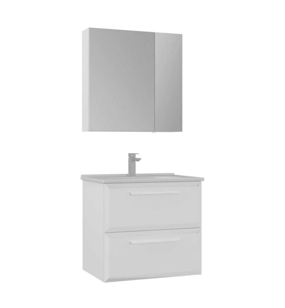 Ensemble meuble de salle de bain avec lavabo et miroir 2 pièces blanc MDF laqué brillant