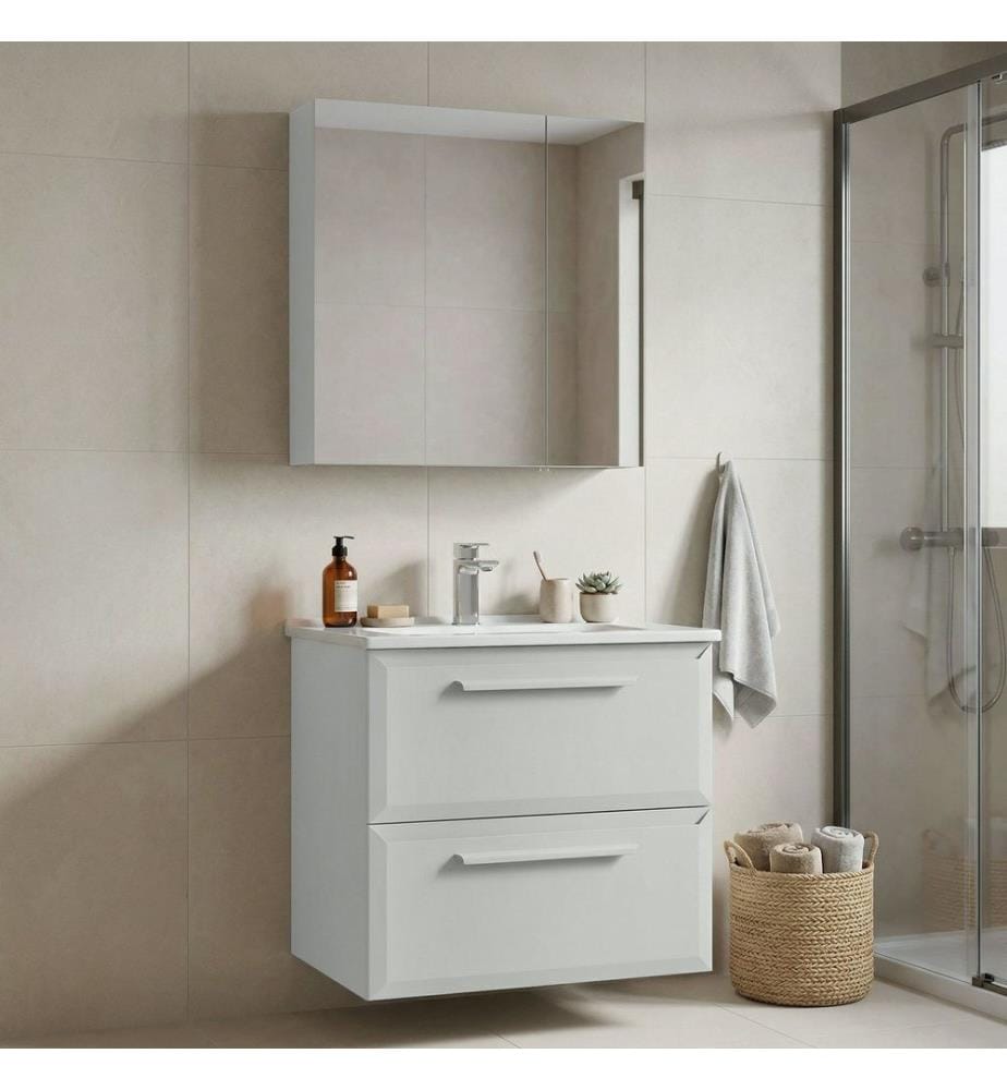 Ensemble meuble de salle de bain avec lavabo et miroir 2 pièces coloris cachemire MDF 100 % laqué brillant