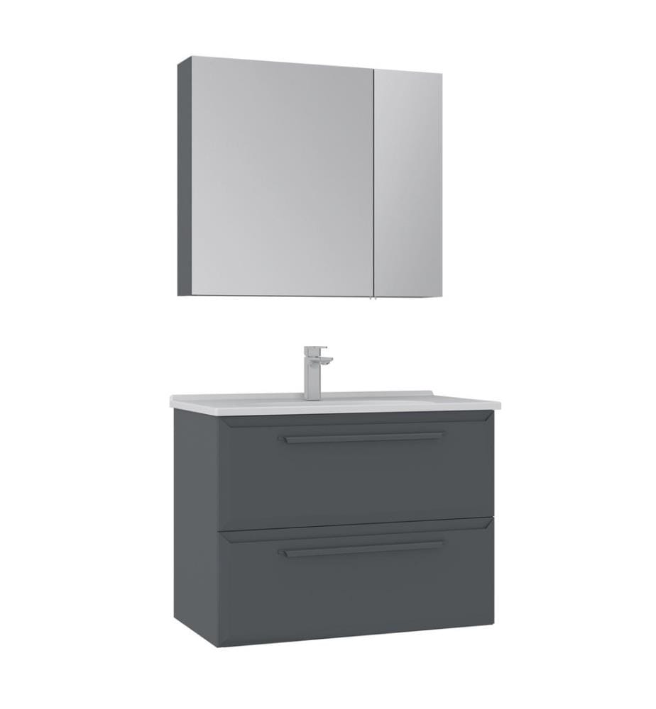 Ensemble meuble de salle de bain avec lavabo et miroir 2 pièces anthracite MDF laqué brillant.