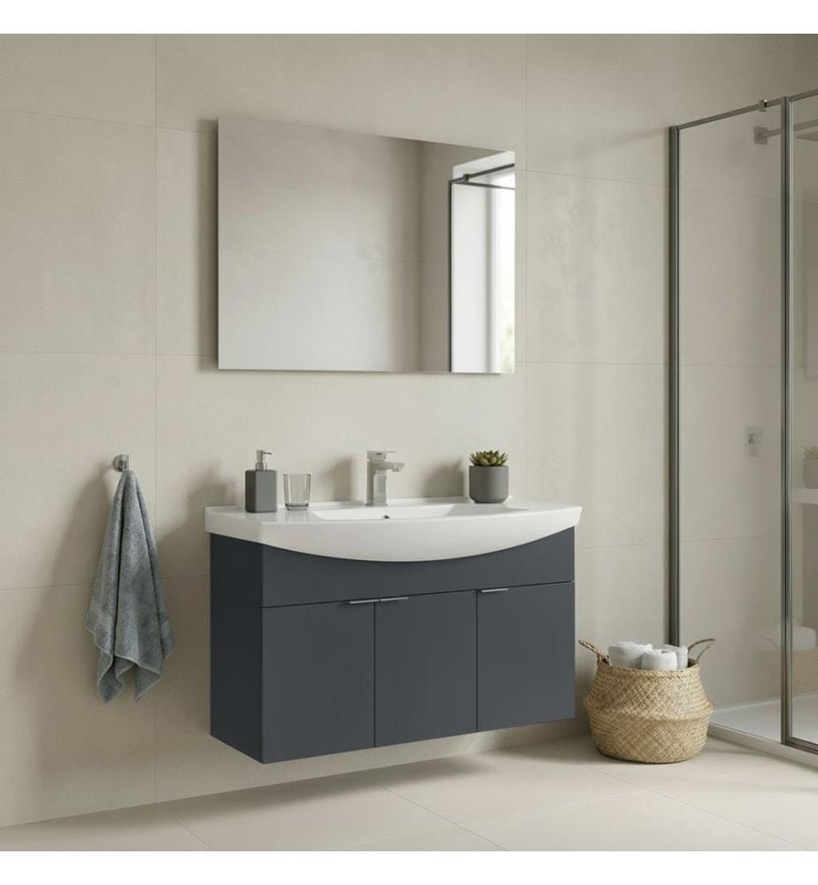 Badezimmerschrank mit Waschbecken und Spiegel 2-teilig mattes Anthrazit 100 % melaminbeschichtete Spanplatte