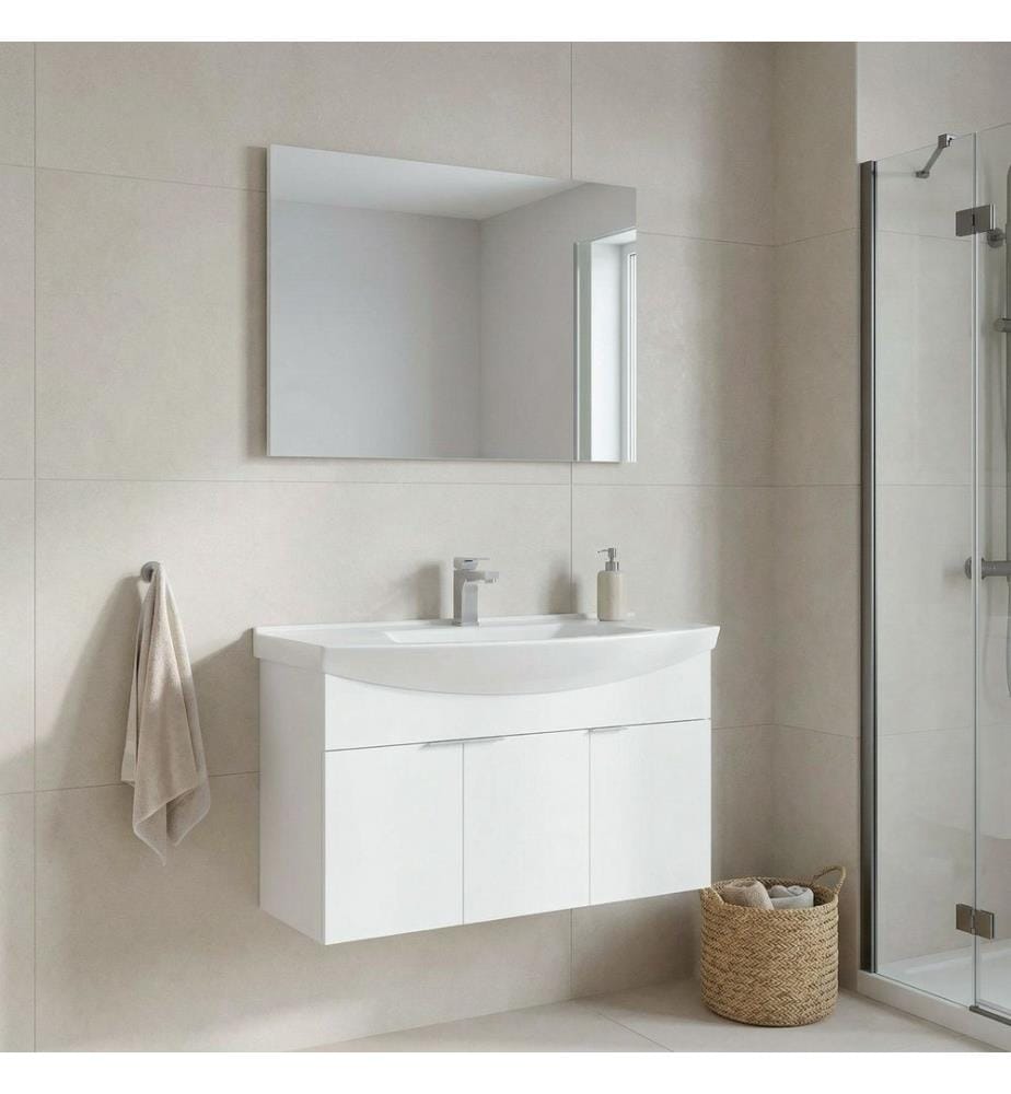 Badezimmerschrank mit Waschbecken und Spiegel 2-teilig weiss 100 % melaminbeschichtete Spanplatte