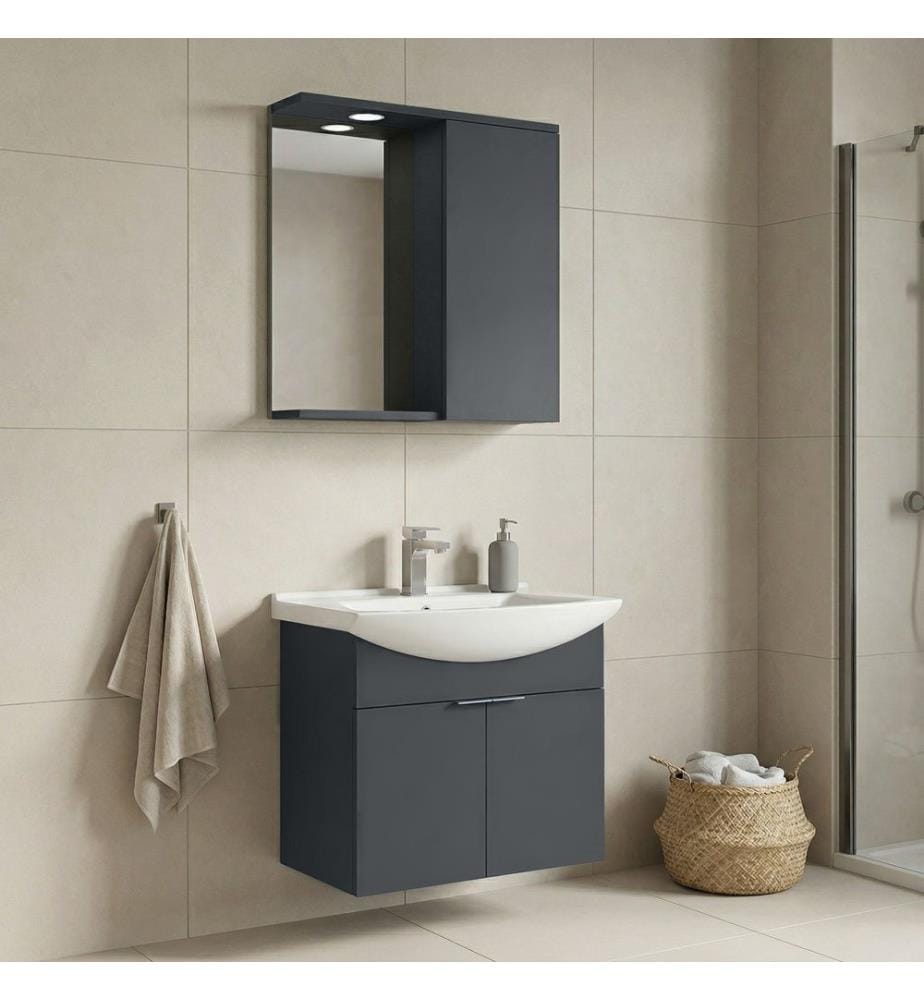 Badezimmerschrank mit Waschbecken und Spiegel 2-teilig mattes Anthrazit 100 % melaminbeschichtete Spanplatte