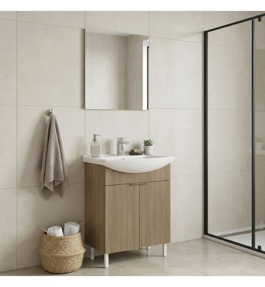 Badezimmerschrank mit Waschbecken und Spiegel 2-teilig Eiche 100 % melaminbeschichtete Spanplatte