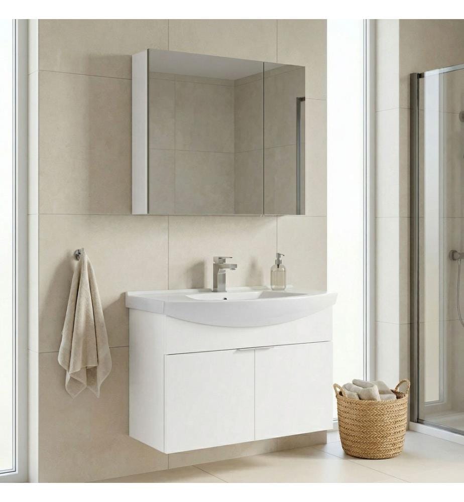 Badezimmerschrank mit Waschbecken und Spiegel 2-teilig weiss 100 % melaminbeschichtete Spanplatte