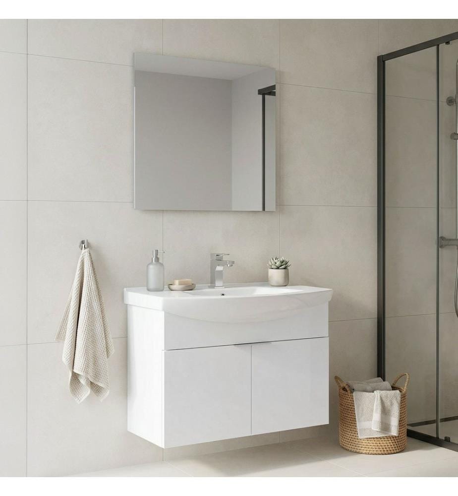 Badezimmerschrank mit Waschbecken und Spiegel 2-teilig weiss 100 % melaminbeschichtete Spanplatte