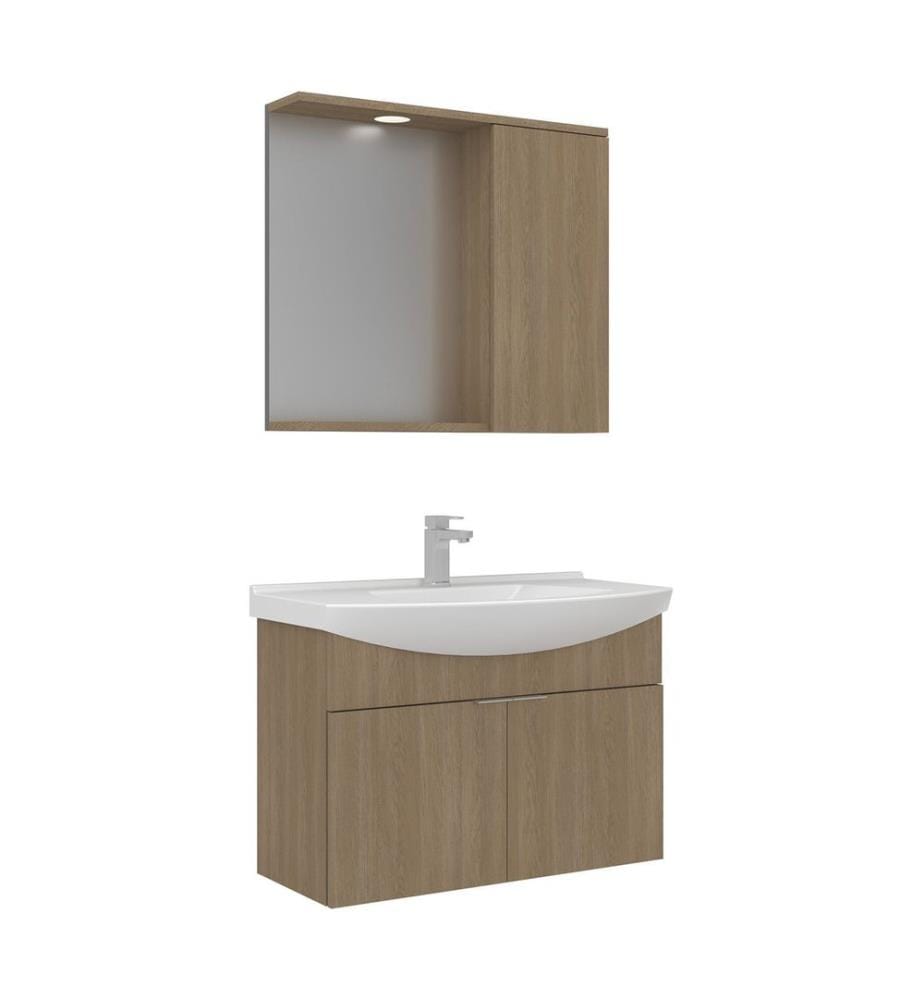Ensemble meuble de salle de bain avec lavabo et miroir 2 pièces chêne panneau de particules 100 % recouvert de mélamine
