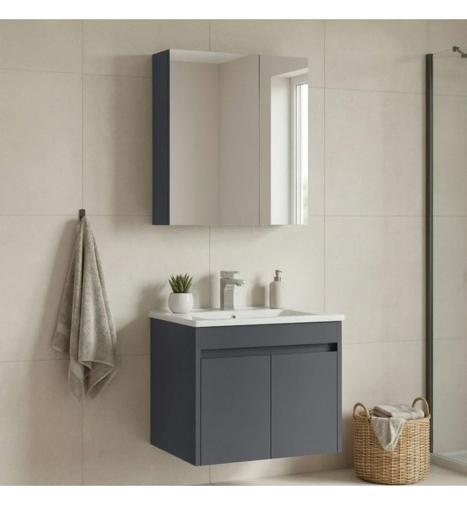 Badezimmerschrank mit Waschbecken und Spiegel 2-teilig mattes Anthrazit 100 % melaminbeschichtete MDF-Platte