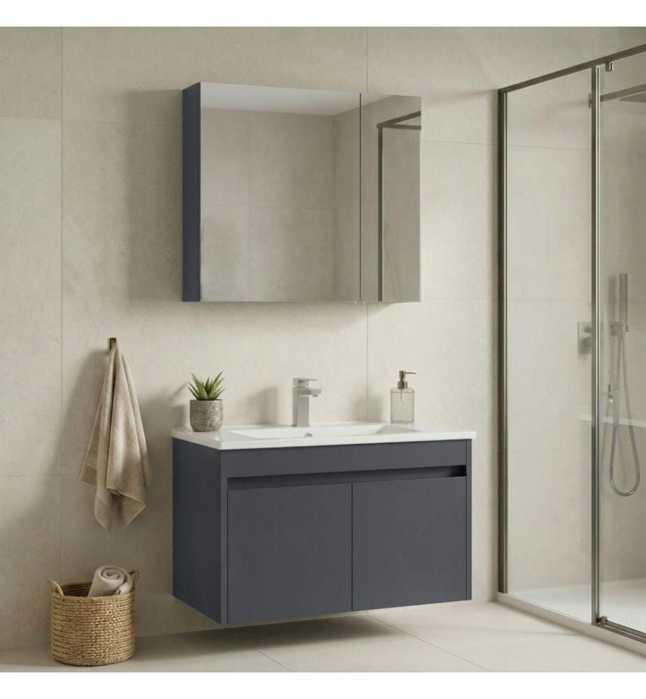 Ensemble meuble de salle de bain avec lavabo et miroir 2 pièces anthracite mat MDF 100 % revêtu de mélamine