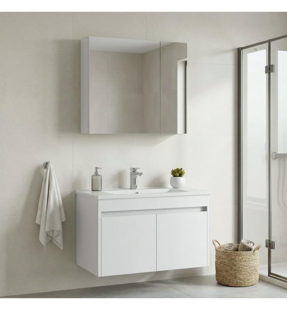 Ensemble meuble de salle de bain avec lavabo et miroir 2 pièces blanc mat MDF 100 % recouvert de mélamine