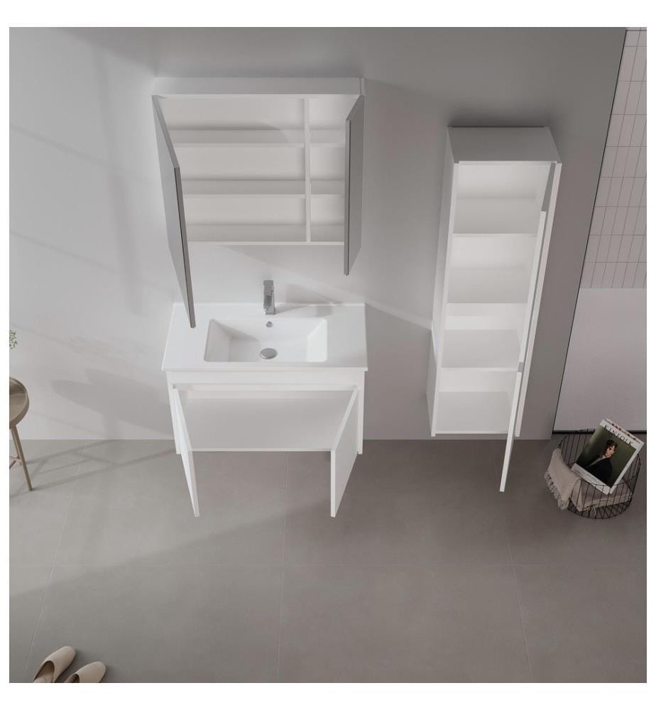 Ensemble meuble de salle de bain avec lavabo et miroir 2 pièces blanc mat MDF 100 % recouvert de mélamine