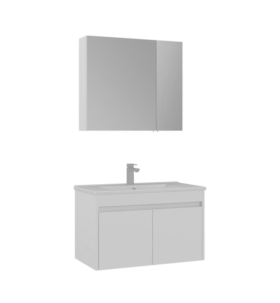 Ensemble meuble de salle de bain avec lavabo et miroir 2 pièces blanc mat MDF 100 % recouvert de mélamine