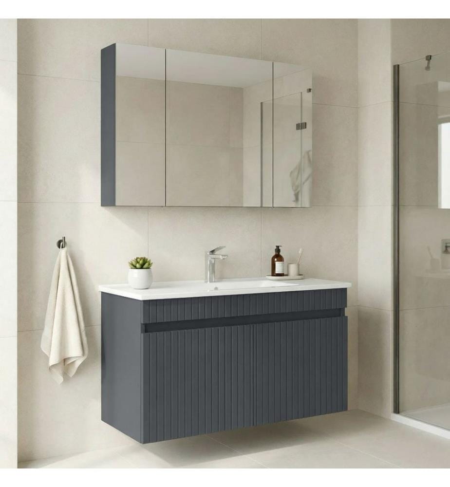 Badezimmerschrank mit Waschbecken und Spiegel 2-teilig mattes Anthrazit 100 % thermisch beschichtetes MDF
