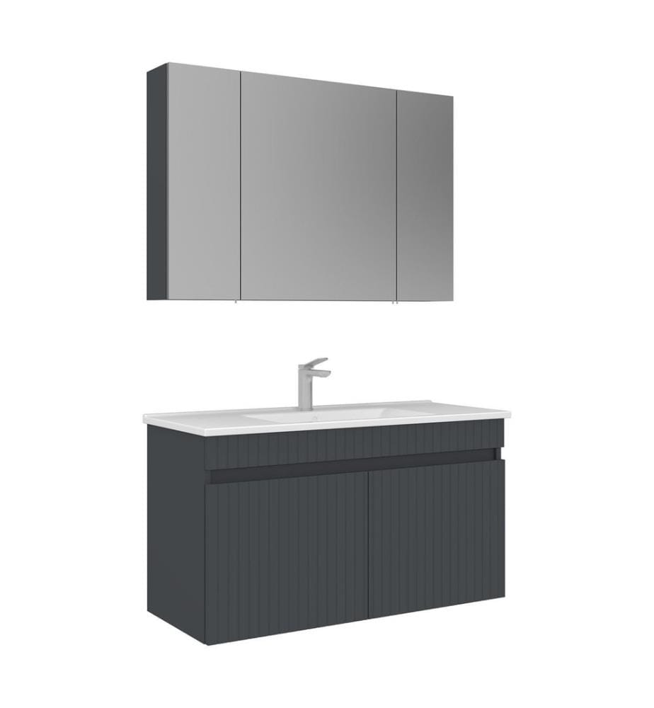 Badezimmerschrank mit Waschbecken und Spiegel 2-teilig mattes Anthrazit 100 % thermisch beschichtetes MDF