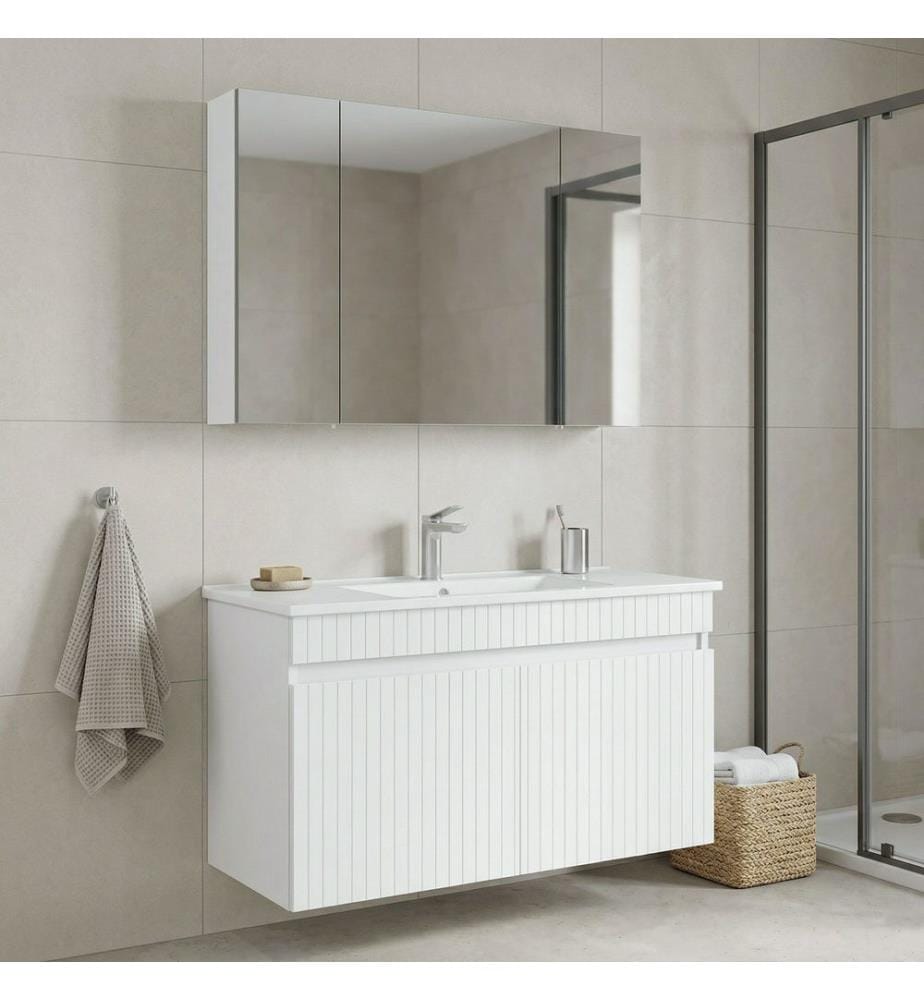 Badezimmerschrank mit Waschbecken und Spiegel 2-teilig mattweiss 100 % thermisch beschichtetes MDF