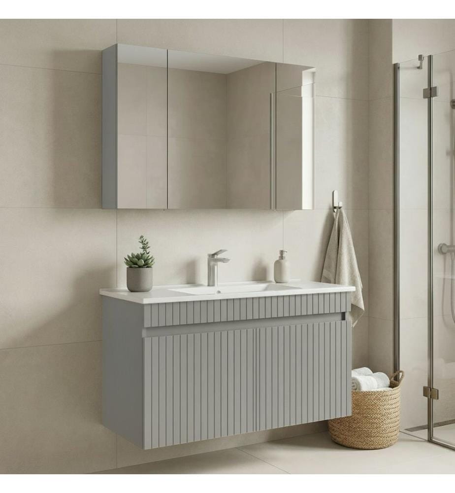 Ensemble meuble de salle de bain avec lavabo et miroir 2 pièces coloris cachemire mat 100 % MDF thermomoulé