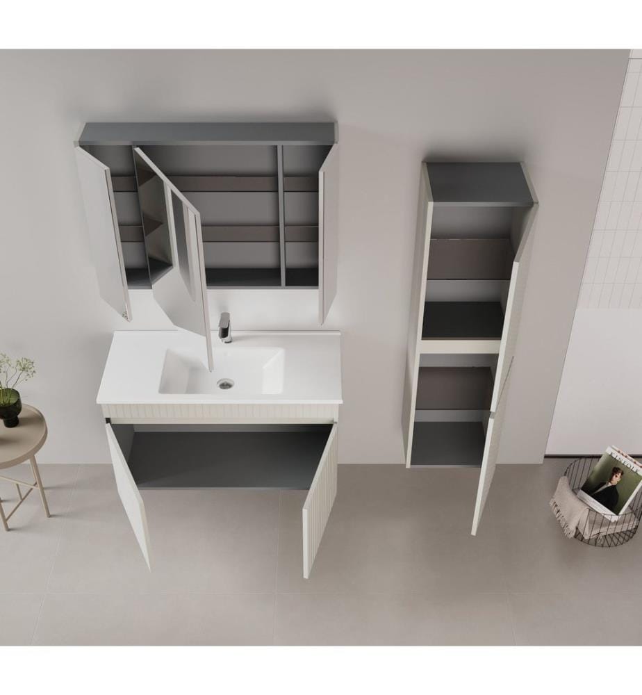 Ensemble meuble de salle de bain avec lavabo et miroir 2 pièces coloris cachemire mat 100 % MDF thermomoulé