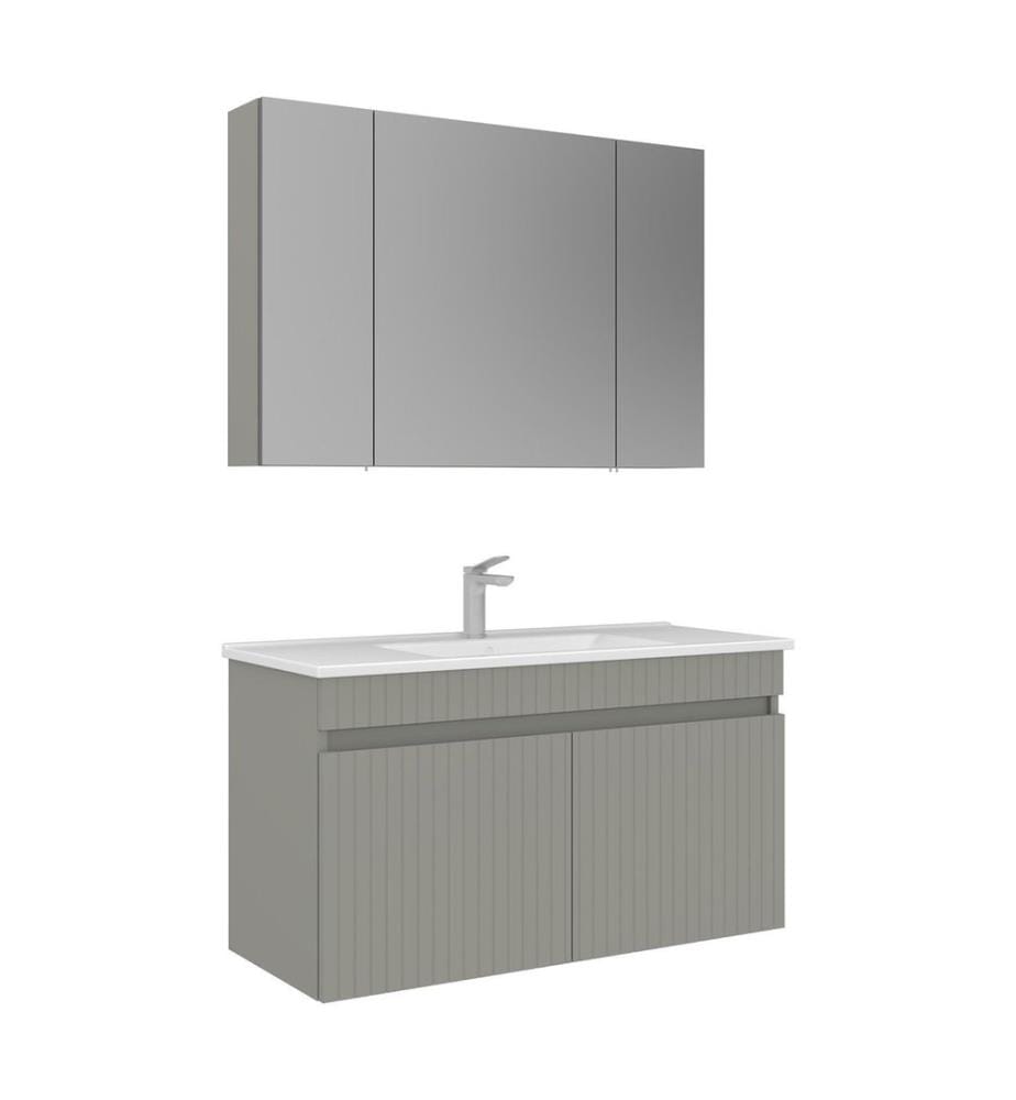 Ensemble meuble de salle de bain avec lavabo et miroir 2 pièces coloris cachemire mat 100 % MDF thermomoulé