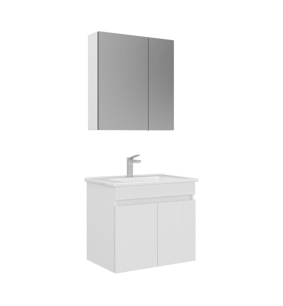 Ensemble meuble de salle de bain avec lavabo et miroir 2 pièces blanc mat 100 % MDF revêtu de thermoformage